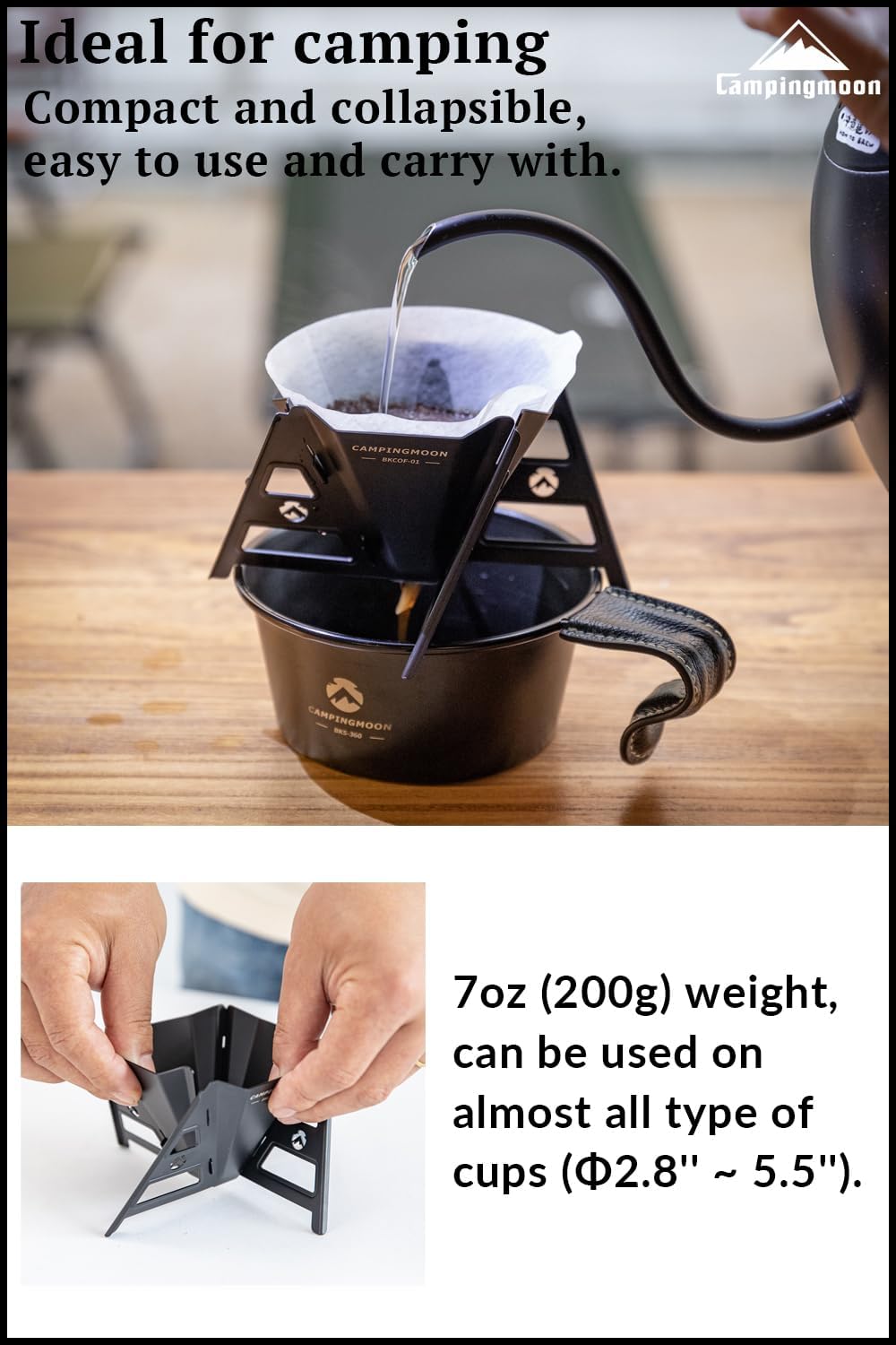 CAMPINGMOON Collapsible Coffee Dripper Pour Over Camping Outdoor 304 Stainless Steel Black BKCOF-01