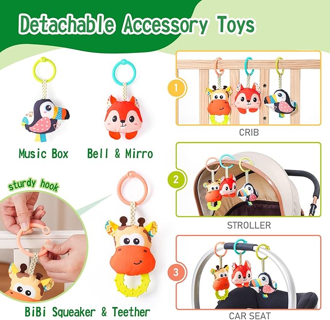 Jollybaby Crib Stroller Car Seat Toys for Baby 0-3-6-9-12 Months, Tummy Time Hanging Sensory Toys for Newborn with Music Box and Teether, Spiral Carseat Toy for Infant Boys Girls Gifts (Grey)-BubblyBeeBaby