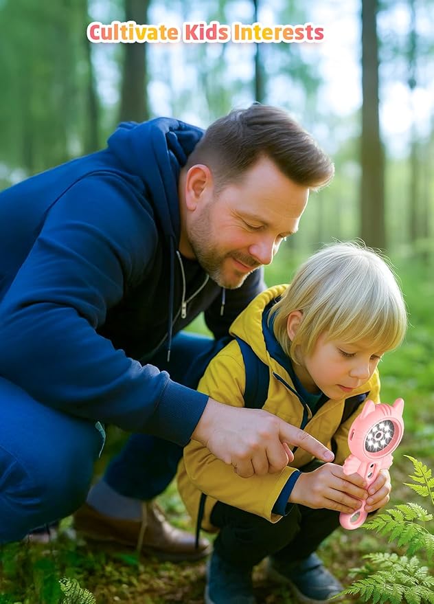 2-in-1 Microscope Camera for Kids, Mini Handheld Microscope Supporting Multiple Viewing Angles, Outdoor Educational Science Adventure Toys, Birthday Gifts for 3-10 Years Old Girls, Pink Cat-BubblyBeeBaby