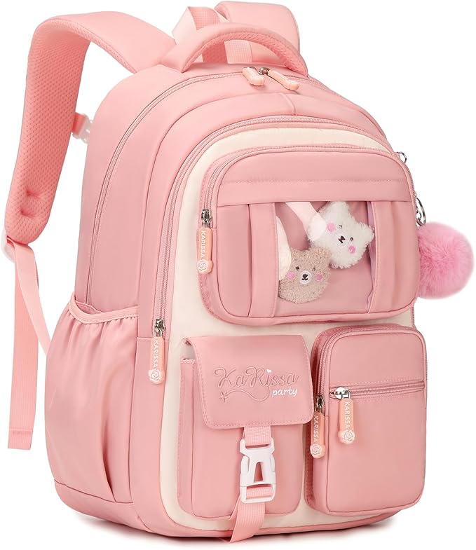 Kids Backpack for Girls School Bags for Middle School Students Book Bag for Elementary Primary Kawaii Ita Backpack, Pink and Beige-BubblyBeeBaby