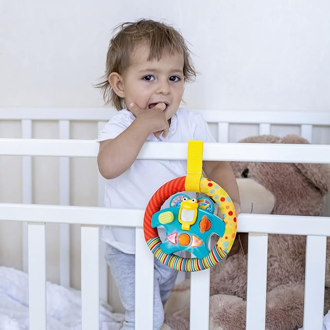 KiddoLab Steering Wheel Toy with Music,Lights,Sounds & Flip Up Mirror - Crib & Stroller Toys with Soft Fabric and Velcro Tap for Easy Attachment. Car Seat Toys for Babies and Toddlers. Ages 3 Months+-BubblyBeeBaby