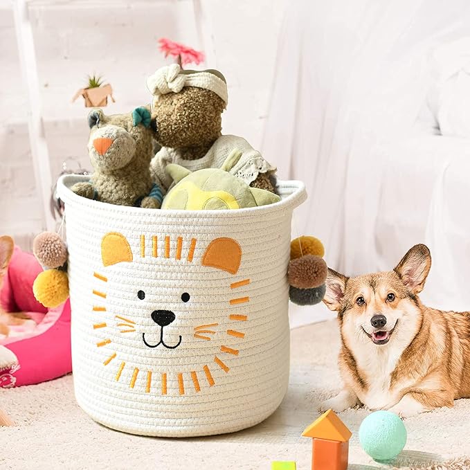 INough Toy Storage Baskets Cute Laundry Basket with Handles Dog Toy Storage Basket Durable Large Cotton Rope Storage Bins Home Organizer Solution for Office, Bedroom, Closet, Toys & Laundry (Lion)-BubblyBeeBaby