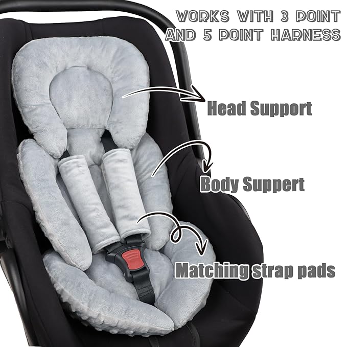 Infant Car Seat Insert Head and Body Support, GFU Reversible Newborn Insert for Carseat with Strap Pads, Soft Stroller Cushion Pillow Insert for Boys and Girls, Fits for Stroller, Swing, Grey-BubblyBeeBaby