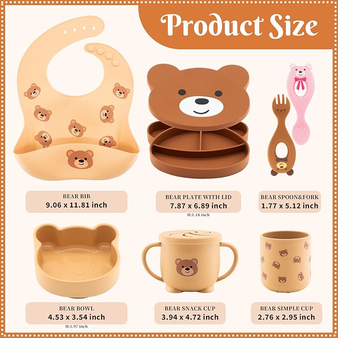 Silicone Baby Feeding Set 7 Pcs, Baby Led Weaning Supplies, Baby Feeding Supplies Set BPA Free, Baby Essentials for Newborn Gift Bear-BubblyBeeBaby