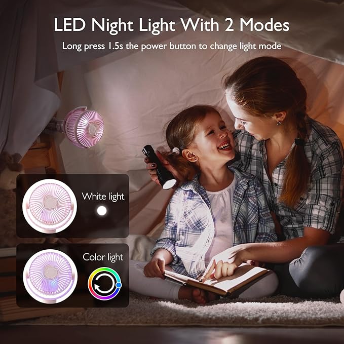 Momcozy Portable Stroller Fan, 8000mAh, 27H Ultra-long Battery Life, Detachable 4 Speed 360°Rotate, LED Night Light with 2 Modes, USB Rechargeable Handheld Cooling Fan for Travel, Car Seat, Bedroom-BubblyBeeBaby