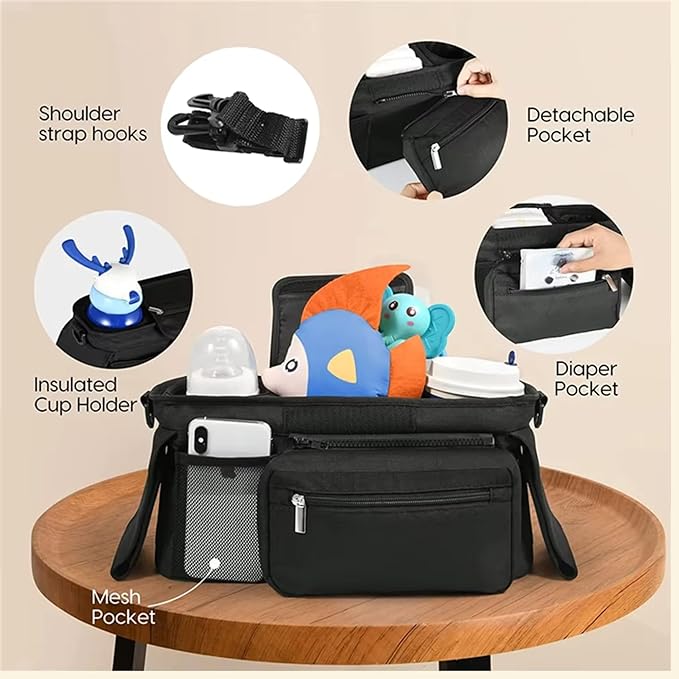 Universal Stroller Organizer with Insulated Cup Holder, Detachable Phone Bag, Shoulder Strap – Fits All Stroller Types, Keeps Drinks Hot/Cold (Black)-BubblyBeeBaby