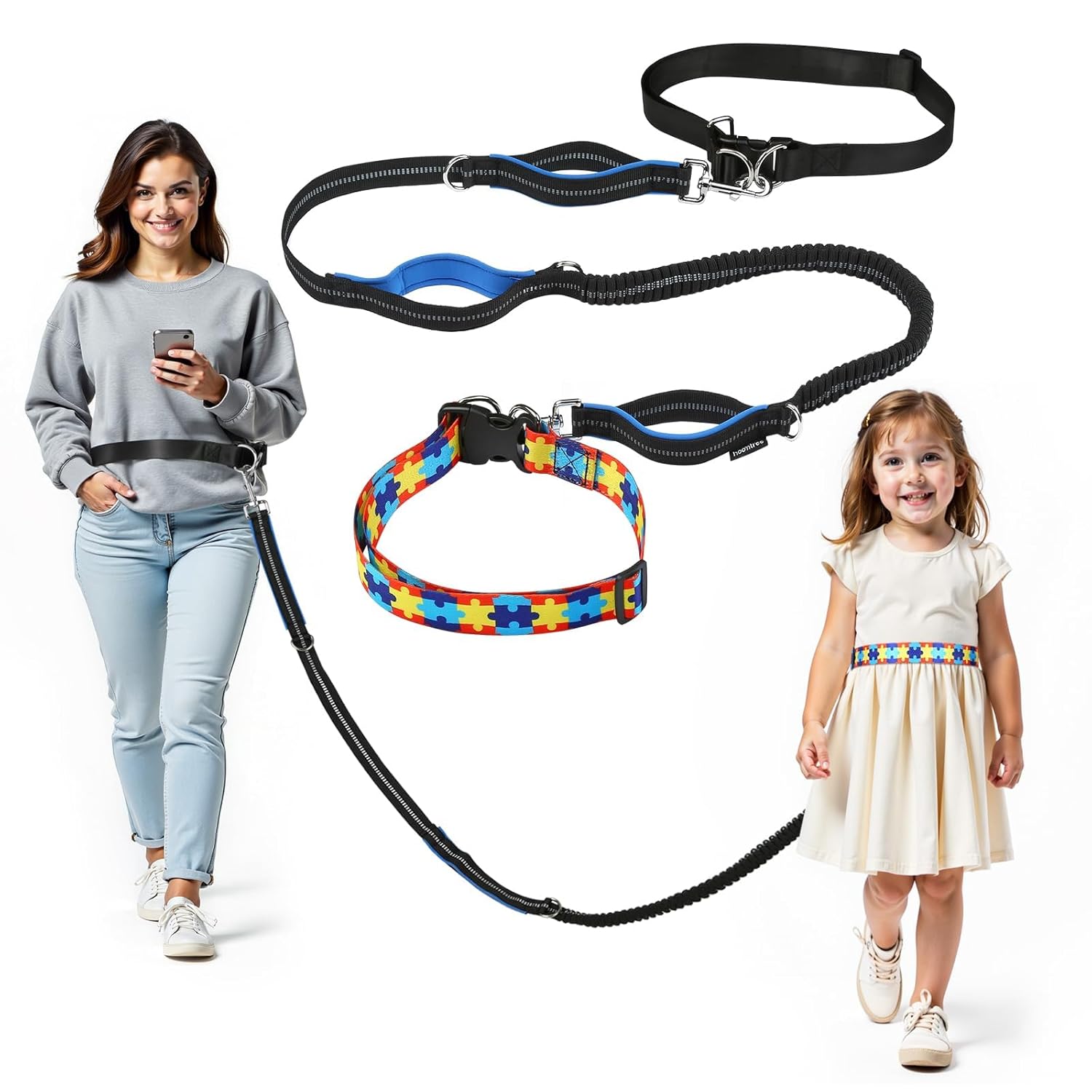 Safety Waist Leash Harness for Kids with Autism, Hands-Free Waist Belt Link with 3 Padded Handles and Durable Bungee, Secure Public Walking for Special Needs ADHD/ASD Autistic Children