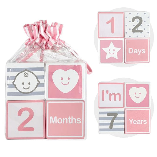 I'm Solid Wood Monthly Weekly Yearly Milestone Age Blocks, Newborn Gifts & Keepsakes for Picture Props (4 Pcs/Pink)-BubblyBeeBaby