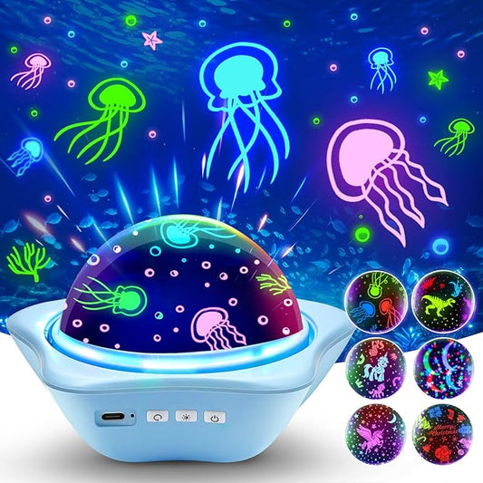 Jellyfish Baby Night Light Projector, Dinosaur+Jellyfish+Unicorn Night Light Projector, 96 Projection Options+USB Rechargeable Baby Sleeping Toys Baby Gifts,Jellyfish Lamp Baby Toys Baby Gifts Newborn-BubblyBeeBaby