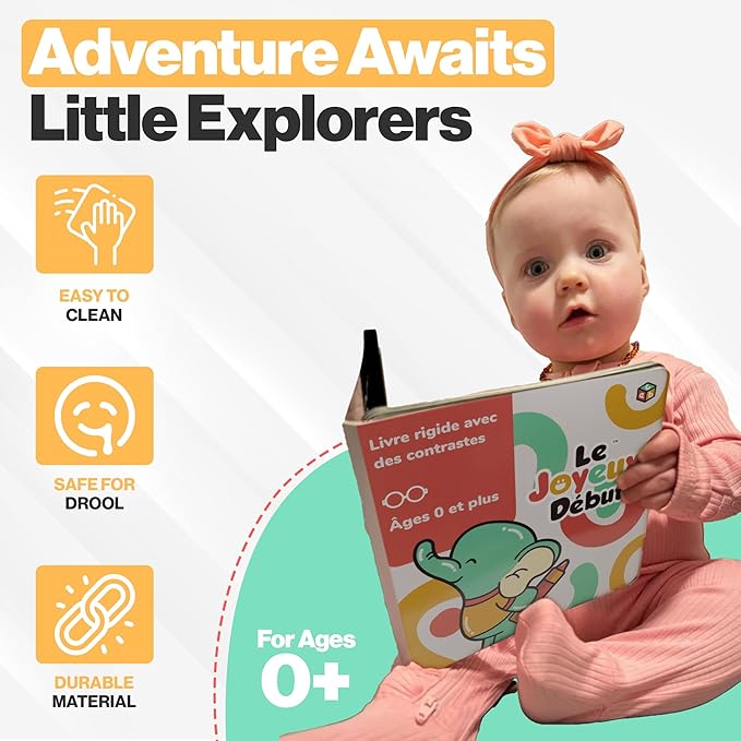 Happy Start Award-Winning High Contrast Board Book - Newborn Black & White Baby Cards, Easy to Clean, Hospital Approved, Stands on Its Own, Tummy Time Toy, Ages 0+ (French)-BubblyBeeBaby