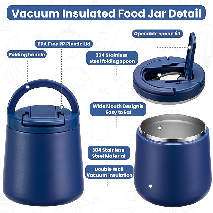 20oz Insulated Vacuum Food Jar with Buckle Lid,Soup Thermo for Hot Food Kids,Wide Mouth Leakproof Stainless Steel Lunch Container with Spoon-Blue-BubblyBeeBaby