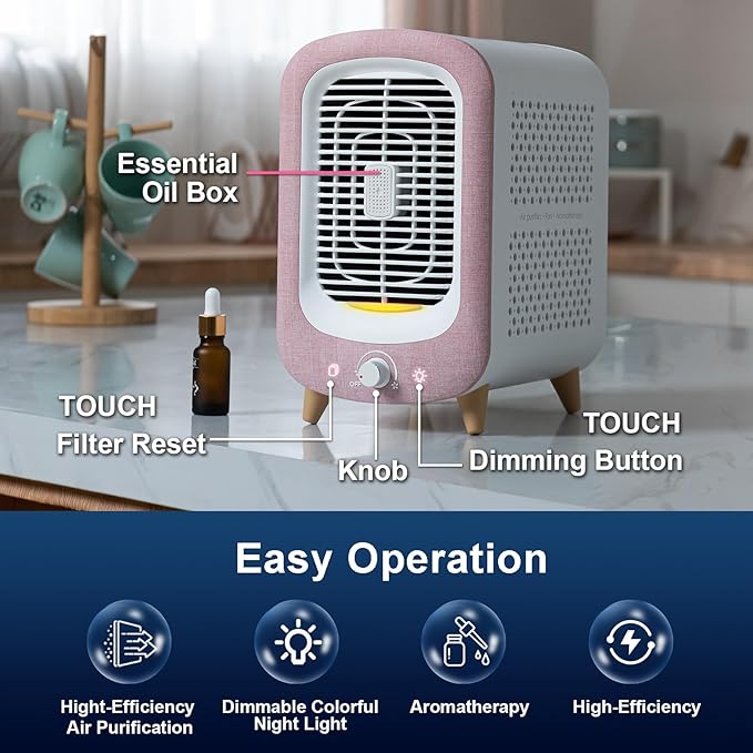 Jafanda Air Purifier for Home Bedroom 780sq ft, HEPA & Activated Carbon, Air Cleaner with Fragrance Sponge & Nightlight for Smoke, Allergies, Dust, Odor, VOC, Pet Dander, Pollen, Office, Desktop, Pink-BubblyBeeBaby