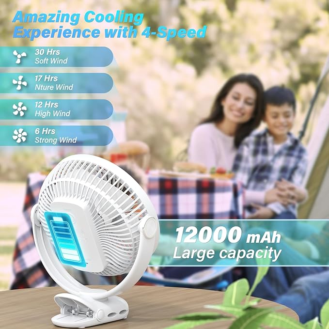 12000mAh Clip on Fan 30H Longest Runtime, 8in Portable Fan Rechargeable, Ultra Quiet with Heavy-Duty Clamp, USB Desk Fans for Golf Cart,Office Desk, Treadmill, Camping, Bedroom-BubblyBeeBaby