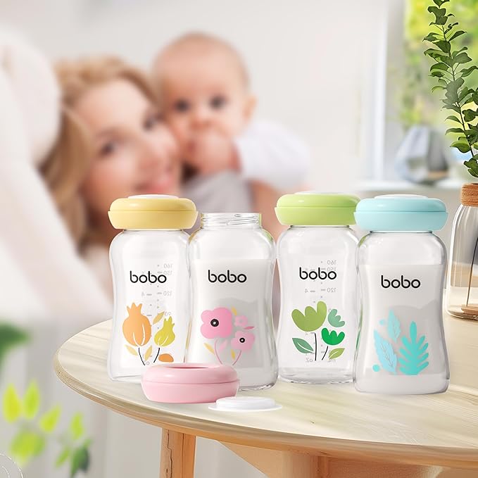YOHKOH Glass Breast Milk Storage Bottles - 100% Leak-Proof, BPA-Free Breastmilk Storage Containers, Freezer & Dishwasher Safe, Ideal for Nursing Mothers (Multicolor, 5.4oz (Pack of 6))-BubblyBeeBaby