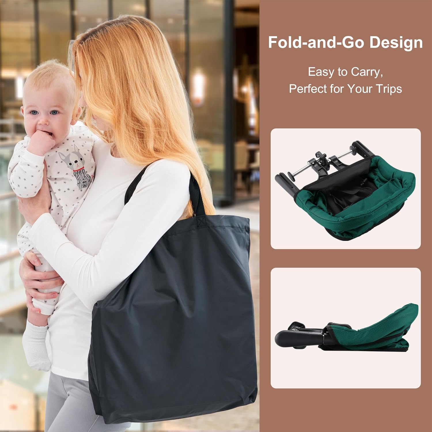 Hook On Chair with Removable Dining Tray, Portable Table High Chair, Folding Compact Baby Seat with Storage Bag for Indoor/Outdoor,Dark Green