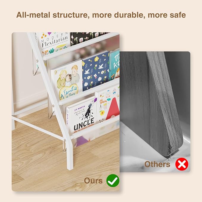 High-Transparent 4 Tier Kids Bookshelf, Sturdy Metal Large Size Book Rack Storage for Kids - Toddler Book Shelf Display for Nurasery, Kids Room, Deep Size Bookshelf Hold More Books-BubblyBeeBaby