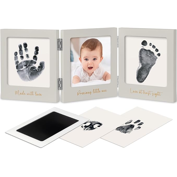 Inkless Baby Handprint and Footprint Kit for Newborn - Baby Footprint Kit, Newborn Keepsake Nursery Picture Frame,Dog Paw Print Maker,Personalized Gifts for New Mom,Showers & Registry(Cloud Gray/Gold)-BubblyBeeBaby