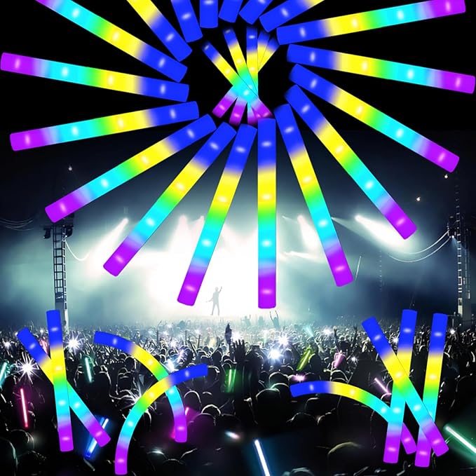 24-Count Foam Glow Sticks Party Pack - 5 Colors, Steady Bright LED Light Up Sticks for Weddings, Birthdays, Christmas, Halloween | Foam Glow Sticks Bulk Reusable, 6-Hr Glow-BubblyBeeBaby