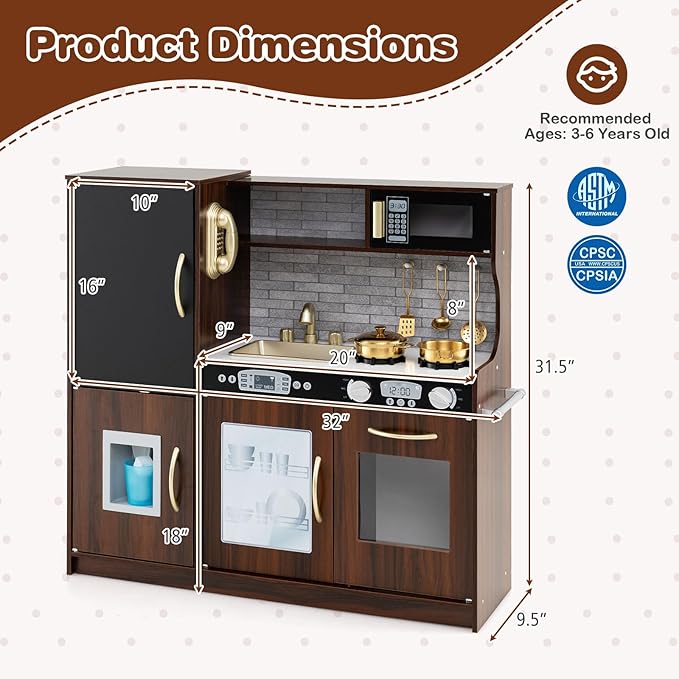 HONEY JOY Kids Kitchen Playset, Wooden Little Chef Pretend Toy Kitchen Set w/Chalkboard, Telephone, Utensils, Oven, Microwave, Sink, Storage, Play Kitchen for Toddlers Boys Girls, Espresso-BubblyBeeBaby