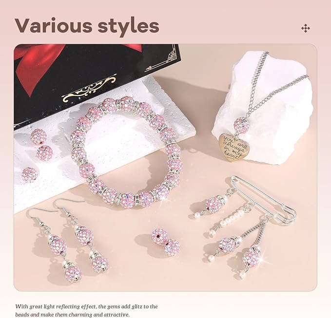 200pcs 10mm Rhinestone Beads for Jewelry Making, Pink AB Shiny Round Disco Ball Beads Bulk, Sparkle Crystal Clay Christmas for Bracelet Baseball Necklace Earring Crafting and DIY-BubblyBeeBaby