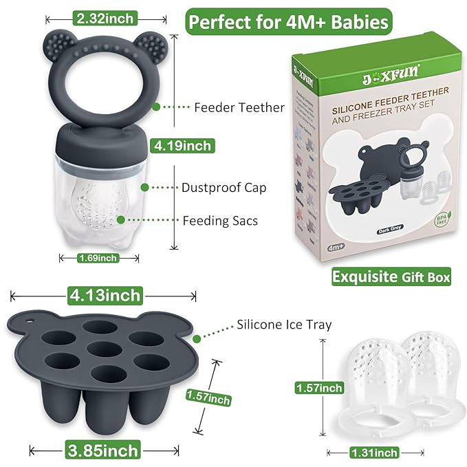 JEXFUN Silicone Baby Food Feeders + Freezer Tray for Batch Prep, Introduce New Foods Safely, Double as Silicone Teething Toys, BPA Free Silicone Feeder for Safe Infant Self Feeding - (Dark Grey)-BubblyBeeBaby