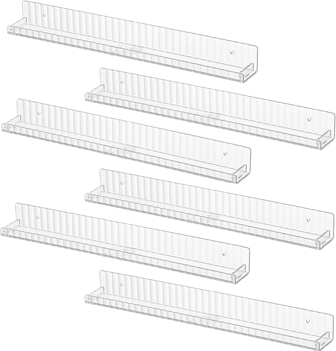 IEEK 6 PCS Acrylic Floating Bookshelf for Kids Room,15 Inch Modern Picture Ledge Display Shelf with Detachable Baffle,Nail Polish Rack Vertical Striped Wall Shelves for Wall Decor and Storage,Clear-BubblyBeeBaby