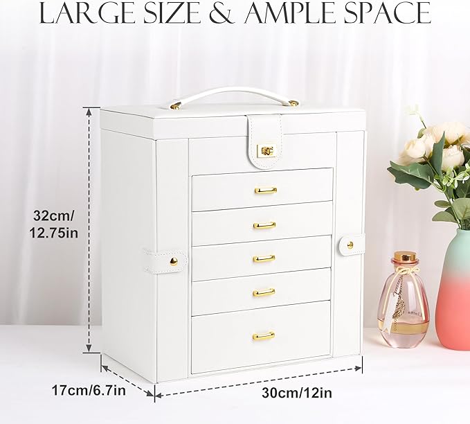 Kendal Extra Large Jewelry Box Jewelry Case PU Leather 6 Tier 5 Drawers Large Storage Capacity with Mirror Jewelry Storage Organizer Great Gift Also Good For Watches LJC-SHD5CM(White)-BubblyBeeBaby