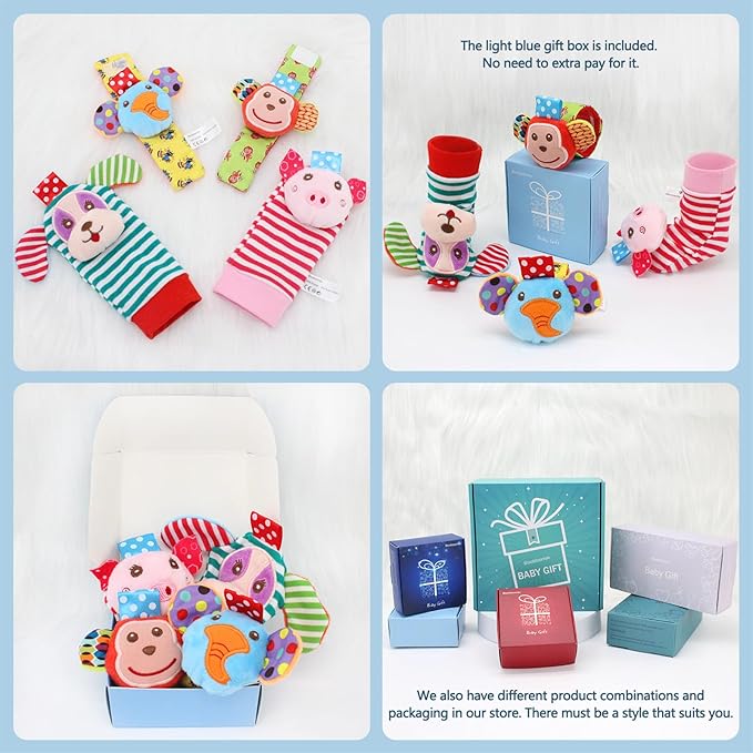 Infant Rattle Socks Toys 0 to 12 Months, Baby Wrist Rattle Foot Finder Socks Set, Birthday Holiday Present for Newborn Boy Girl 0/3/4/6/7/8/9/12/18 Months Kids Toddler, Gift Box Package (4A)-BubblyBeeBaby