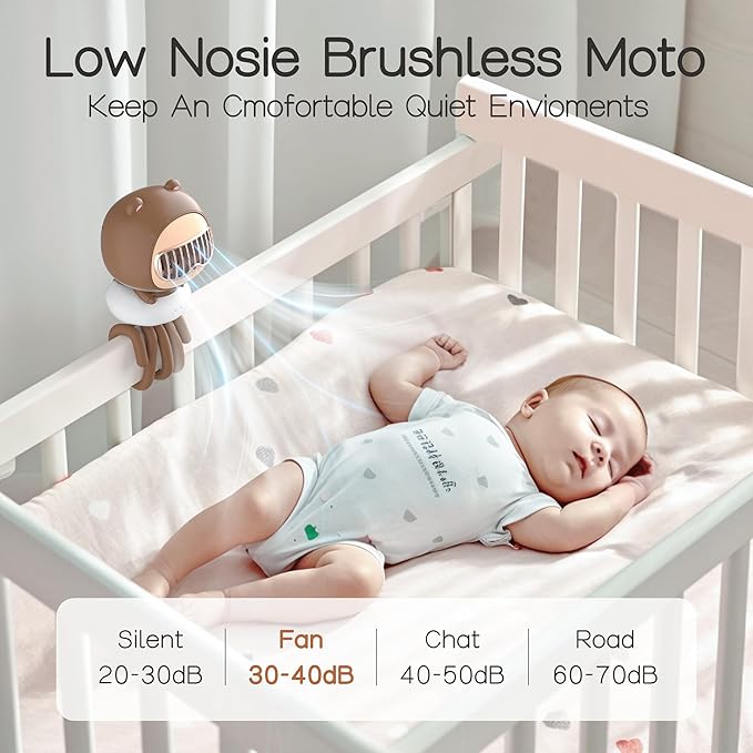 Cute Bear Stroller Fan Clip On for Baby, Portable Bladeless Fans 4 Speeds Oscillating, 4000mAh Rechargeable Battery Powered, Flexible Tripod Strong Cooling for Bedside Crib Car Seat-BubblyBeeBaby