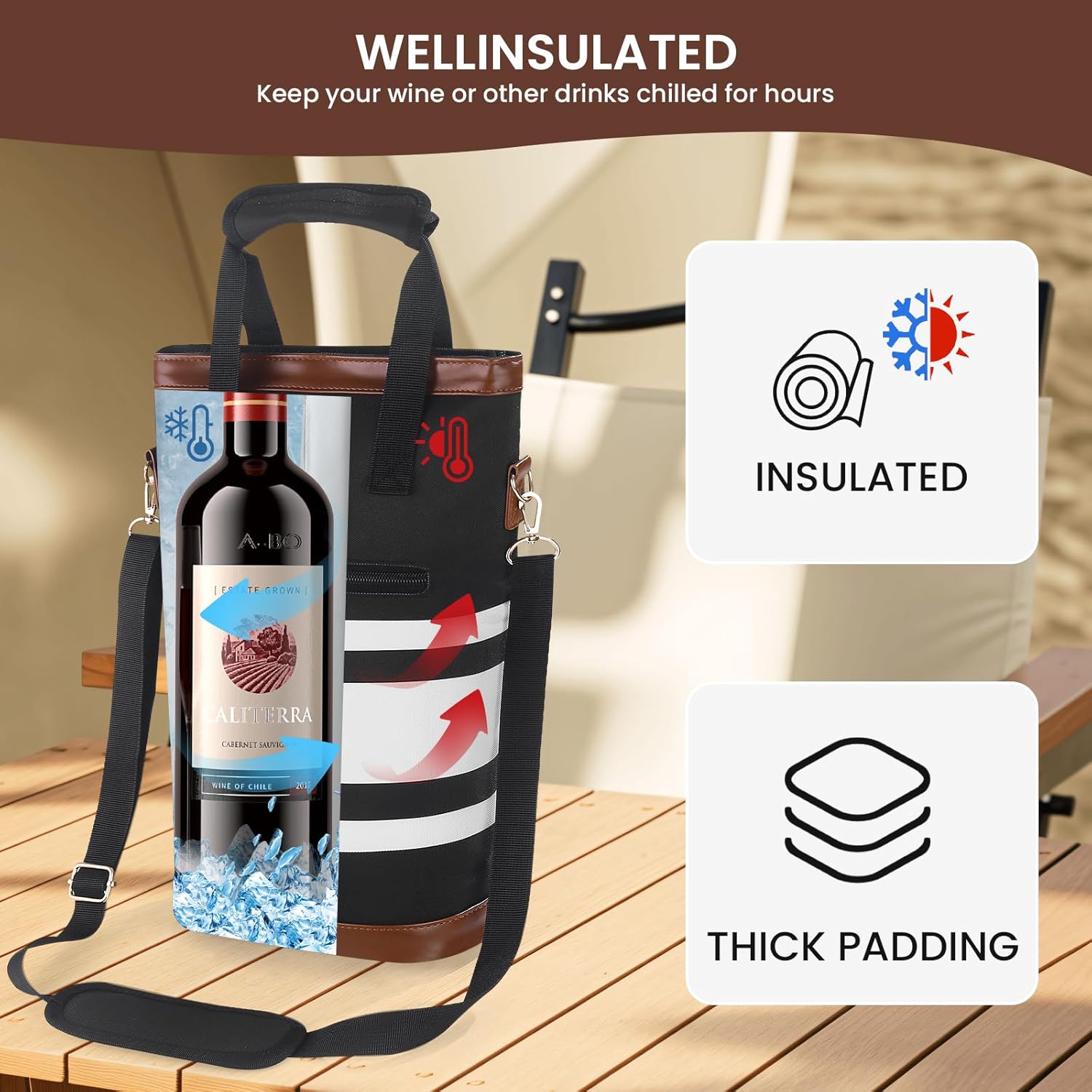 2-Bottle Insulated Wine Carrier Tote - Leakproof Padded 900D Oxford Cooler Bag for Travel, Picnics, Beach & Parties