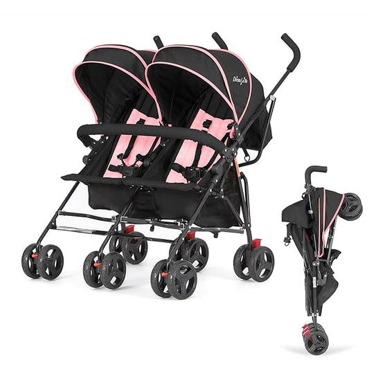 Dream On Me Volgo Twin Umbrella Stroller in Pink, Lightweight Double Stroller for Infant & Toddler, Compact Easy Fold, Large Storage Basket, Large and Adjustable Canopy-BubblyBeeBaby