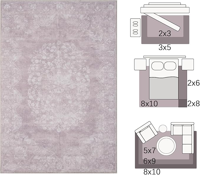 jinchan Vintage Floral 4x6 Area Rugs - Machine Washable Distressed Design Soft Ultra-Thin Low-Pile Non-Slip Carpet for Entryway Kitchen Bedroom Nursery Living Room Dining Room (4x6ft,Orchid)-BubblyBeeBaby
