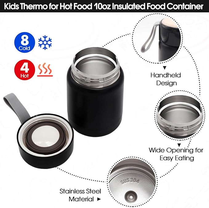 Insulated Lunch Bag for Boys Girls with 10oz Thermo, with 6 Compartment Bento Box, Black Nylon Preppy Lunch Box Adjustable Strap for Boy Girl Kids Teens School Travel Picnic-BubblyBeeBaby