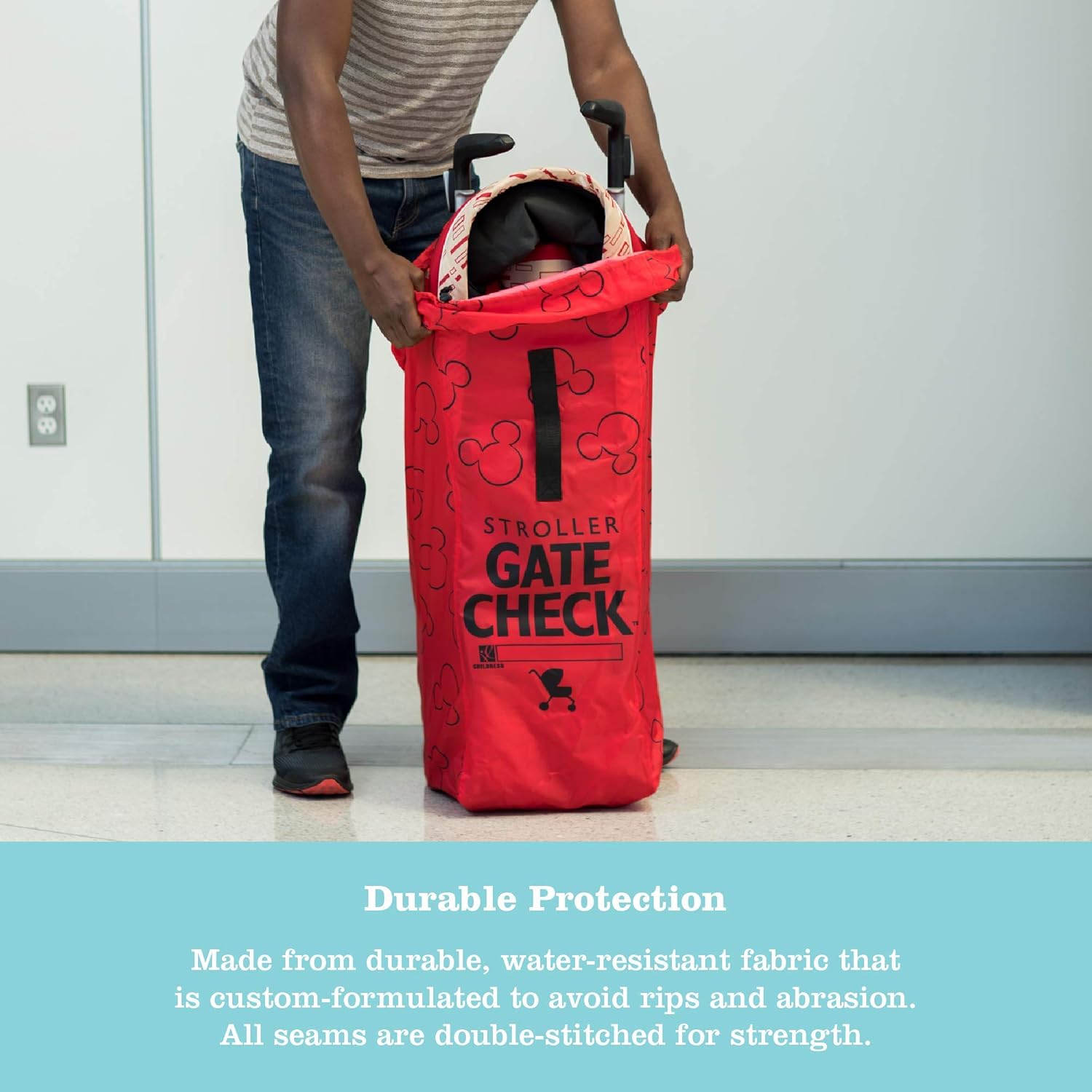 J.L. Childress Disney Baby Gate Check Bag for Umbrella Strollers - Travel Bag for Airplane, Fits Most Single Umbrella Baby Strollers, Airport Accessories for Gate Check - Mickey Mouse, Red