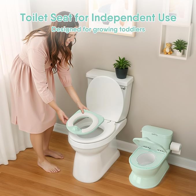 2-in-1 Toddler Potty Training Toilet - Larger Potty Chair & Detachable Training Seat for Boys & Girls Ages 1-3 with Flushing Sound, Wipes Storage, Toilet Paper Holder-BubblyBeeBaby