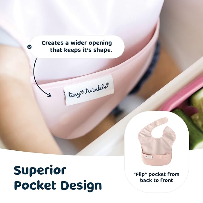 Tiny Twinkle Mess Proof Baby Bibs for Eating - Waterproof, Wipeable Bibs - Toddler Bibs - Travel Friendly - PFAS, PVC, BPA, Phthalate Free - Baby Food Bibs (3 Pack,Blush, Burgundy)-BubblyBeeBaby