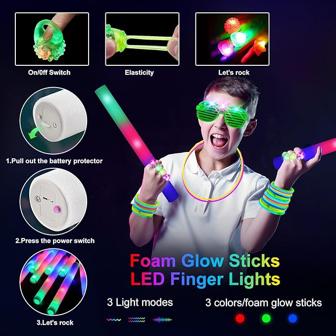 150 PCS Glow in the Dark Party Supplies, 16 Foam Sticks, 16 LED Glasses, 100 Glow Sticks and 18 Finger Lights for Neon Party, Wedding, Birthday, Concert, New Year, Carnivals, Raves-BubblyBeeBaby