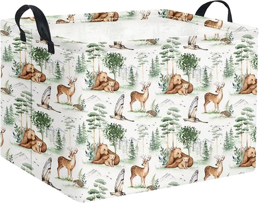 HIYAGON Rectangular Storage Basket Collapse Canvas Fabric Cartoon Bin Organizer Box with Handles for Organizing Home Kitchen Room Decor(Woodland Animal)-BubblyBeeBaby