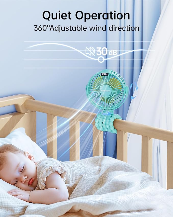 SWEETFULL Portable Stroller Fan with Display 4000mAh Battery Powered Mini Clip On Fan, 4-Speed Rechargeable Small Personal Cooling for Baby Car Seat Crib Travel - Cyan-BubblyBeeBaby