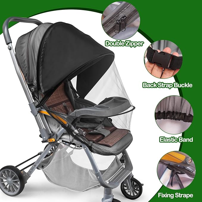 Baby Mosquito Net for Stroller Sun Shade, 2-in-1 Stroller Cover for Sun Protection with Two-Way Zipper and Storage Bag, Breathable Strollers Bug Net Suitable for Bassinet, Cradle, Car Seat – Black-BubblyBeeBaby