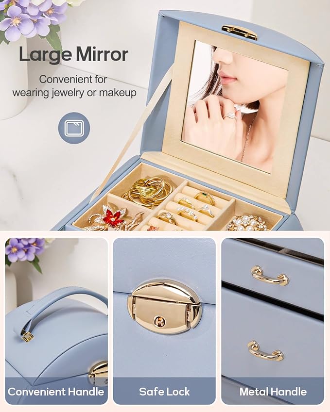 Homde Girls Jewelry Box Jewelry Storage Case Organizer Faux Leather with Mirror for Rings, Earrings, Bracelets, Necklaces (Grey Blue)-BubblyBeeBaby