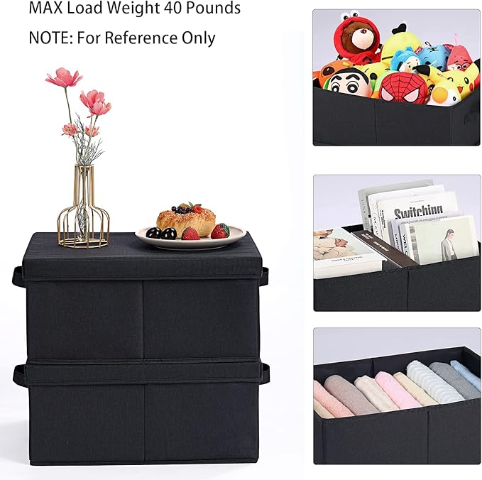 HOONEX Storage Bins with Lids for Organizing, Pack of 2, Storage Boxes with 2 Carrying Handles and Sturdy Heavy Cardboard, 16.5" L x 11.8" W x 7.5" H for Shoes, Books, Clothes, Black-BubblyBeeBaby