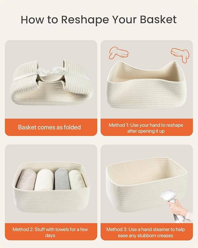 KALLAX Small Woven Basket, 13.5 x 9.5 x 5 Inches, Storage Basket for Organizing, Cute Small Rope Shelf Closet Cube Storage Bins Baskets for Shelves, Dog Toy Gift Baskets Empty, 3 Packs, Off White-BubblyBeeBaby