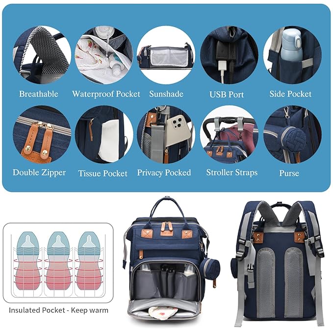 Jeryswet Baby Diaper Bags with Changing Station, Waterproof Large Capacity Diaper Bag Backpack for Moms Dads with USB Charging Port and Stroller Straps, Baby Shower Gifts, Blue-BubblyBeeBaby