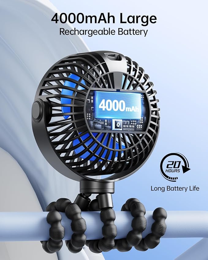 SWEETFULL Portable Stroller Fan with Display 4000mAh Battery Powered Mini Clip On Fan, 4-Speed Rechargeable Small Personal Cooling for Baby Car Seat Crib Travel - Black-BubblyBeeBaby