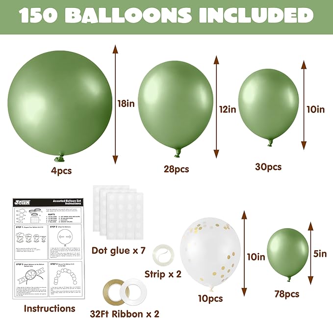 JOYIN 150 Pcs Sage Green Balloons, Different Sizes 18 12 10 5 Inch Sage Green Latex Balloon Arch Kit with Instruction for Birthday Party Graduation Wedding Holiday Decoration-BubblyBeeBaby