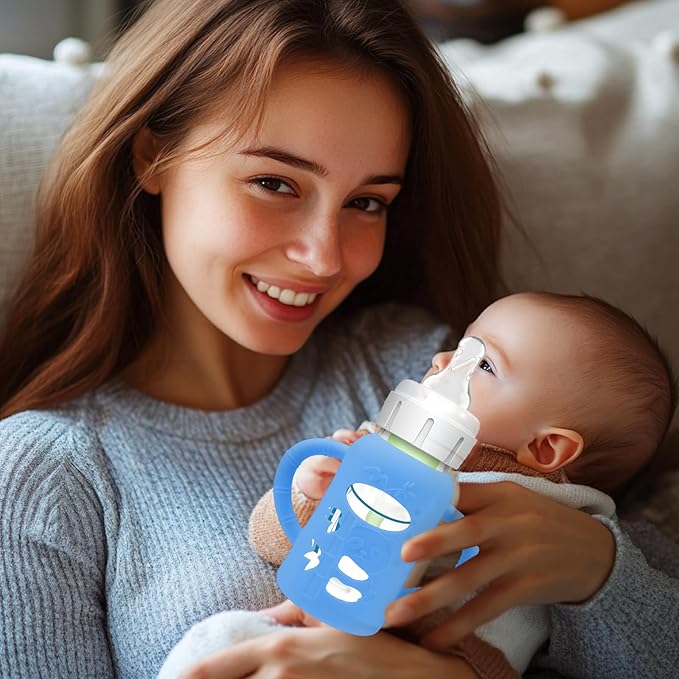 BUSOHA 3 Pack Silicone Sleeves for Dr. Brown's Glass Baby Bottles - Drop Protection Baby Bottle Sleeves Compatible with Dr. Brown's Newborn Glass Bottles with Silicone Handles,4 oz-BubblyBeeBaby