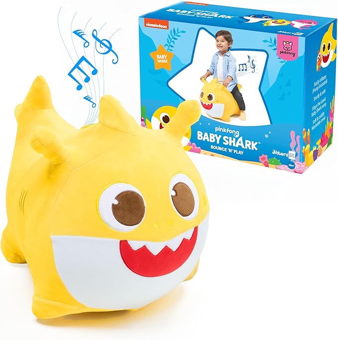 JITTERYGIT Baby Shark Official Bouncy Hopper Plush Musical Singing Toy - Inflatable Animal Ride On for Indoor & Outdoor - Birthday Gift for Kids & Toddlers (Boys & Girls) Ages 18+ Months (Yellow)-BubblyBeeBaby
