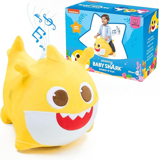 JITTERYGIT Baby Shark Official Bouncy Hopper Plush Musical Singing Toy - Inflatable Animal Ride On for Indoor & Outdoor - Birthday Gift for Kids & Toddlers (Boys & Girls) Ages 18+ Months (Yellow)-BubblyBeeBaby