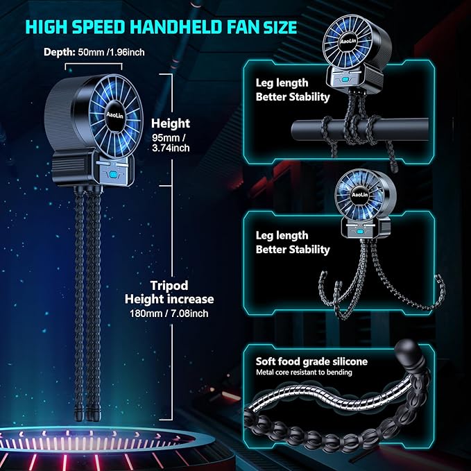 2 Pack Multifunctional Portable Stroller Fan 4 Speed 6600rpm High Speed Usb Rechargeable Personal Mini Handheld Fan Extended Tripod For Desktop Winding Kids Bed Treadmill Bike Golf Cart Outdoor Travel-BubblyBeeBaby